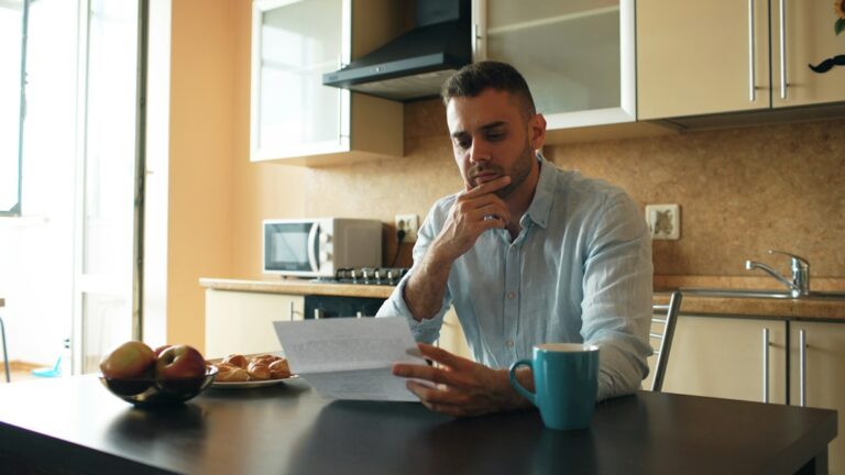 A homeowner reviews claim papers and repair estimates beside a phone and folder of insurance documents.